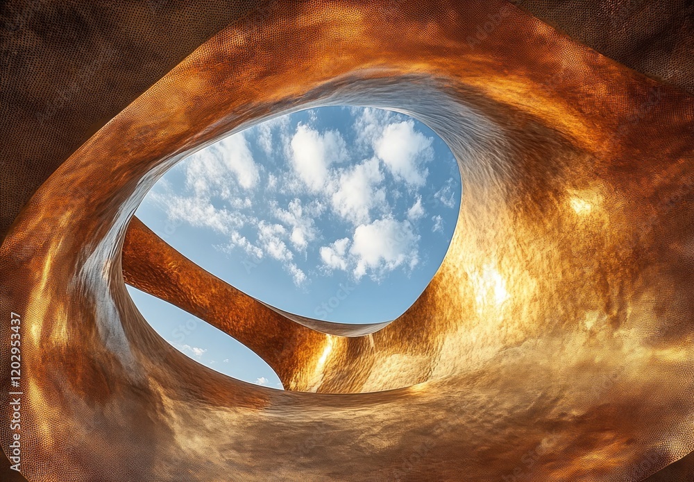 Poster unique architectural design capturing bright sky and clouds through artistic opening in modern struc