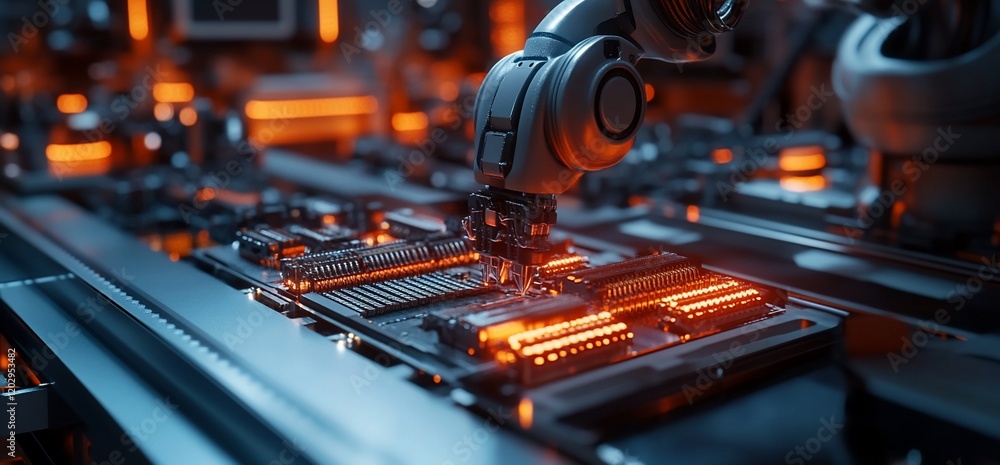 Poster robotic arm assembling circuit board in factory