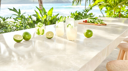 Refreshing Drinks and Limes Sit on a Table Overlooking a Tropical Beach Oasis