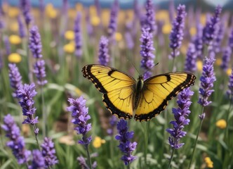 Obraz premium Blue and yellow butterfly landing on a purple lavender, blooming flowers, colorful, lavender