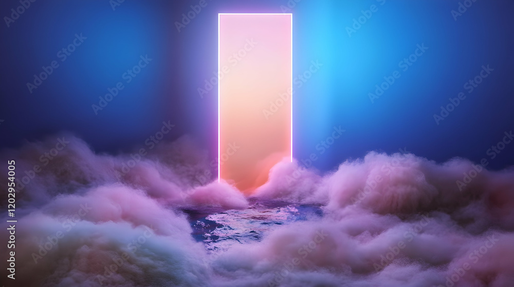 Poster abstract 3d scene with glowing rectangular portal and clouds creates a mystical ambiance