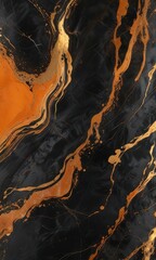 Naklejka premium Black and orange marble liquid texture with gold splashes on a luxurious and exclusive surface, lavish, sophisticated
