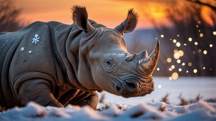 Fototapeta premium A close-up of a rhinoceros in a snowy landscape during sunset.