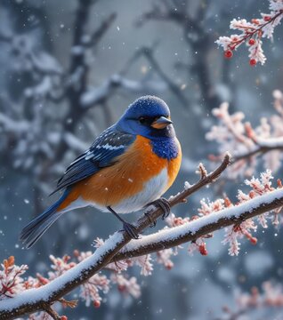 Bird perched on a slender branch amidst snowflakes gently falling , frozen world, outdoor photography