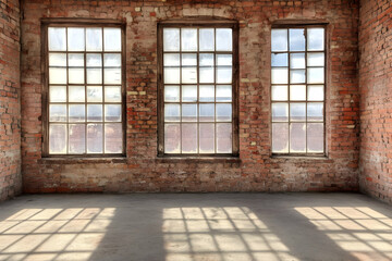 Fototapeta premium Empty Room with Three Large Windows and Sunlight Streaming Through, Showing Brick Wall