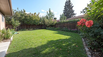 Sunny suburban backyard garden with green lawn, flowers, and wooden fence. Real estate listing photo