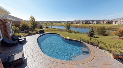 Backyard pool, sunny day, suburban view, relaxing. Real estate listing