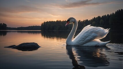 Fototapeta premium A serene swan glides gracefully across a tranquil lake at sunset.