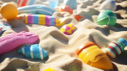 Fototapeta premium Colorful Beach Toys Scattered On Sandy Shore