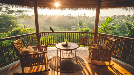 Fototapeta premium Tranquil Sunrise Balcony Overlooks Lush Tropical Rainforest with Rocking Chairs