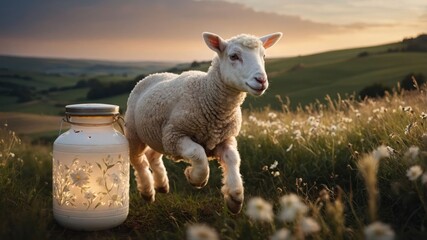 Obraz premium A playful lamb jumps in a meadow next to a glowing lantern at sunset.
