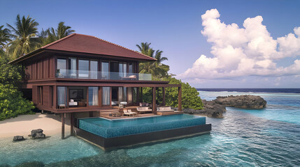 Obraz premium Luxury Overwater Bungalow Sits Over Crystal-Clear Turquoise Water with Infinity Pool and Ocean View
