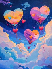 Whimsical Heart Themed Kites Soaring Above Colorful Clouds