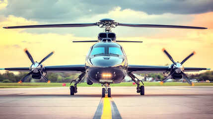 Fototapeta premium Sleek Aircraft Stands on Runway at Sunset with Spinning Propellers and Rotor Blades
