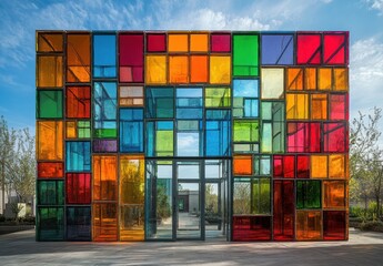 Vibrant Glass Facade with Colorful Panels Reflecting Natural Light, Modern Architecture Displaying Creativity and Innovation in Design, Outdoor Landscape Framing an Artistic Entrance
