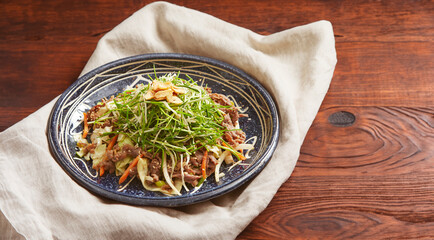 Stir-fried meat and vegetables on a plate