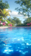 Inviting Blue Pool Water Reflects Tropical Greenery and Sunny Sky on a Tranquil Day