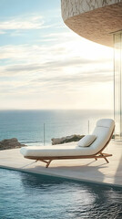 Fototapeta premium Luxury Chaise Lounge Overlooks Tranquil Ocean View by Infinity Pool at Sunset Relaxation.
