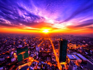 Fototapeta premium Vibrant Cityscape Paints the Horizon with a Dramatic Sunset Glow