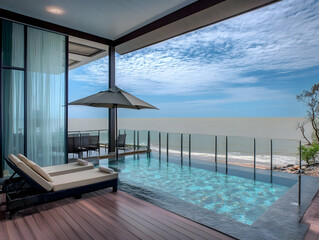 Luxury Villa with Infinity Pool Overlooks the Ocean under Blue Sky.