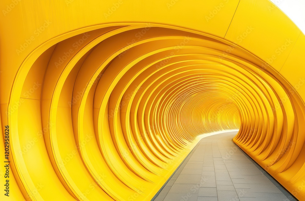 Poster vibrant yellow tunnel with curved patterns leading into a modern space, inspiring a sense of movemen