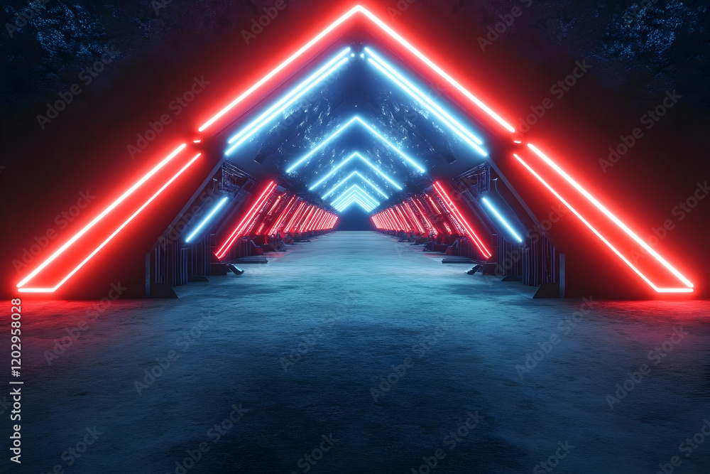 Poster Futuristic Neon Tunnel Lights Illuminate Dark Corridor Background with Empty Space