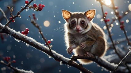 A cute animal perched on a snowy branch with red berries in a serene winter setting.