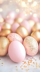 Pink and Gold Easter Eggs Sparkle on a White Surface with Bokeh Lights