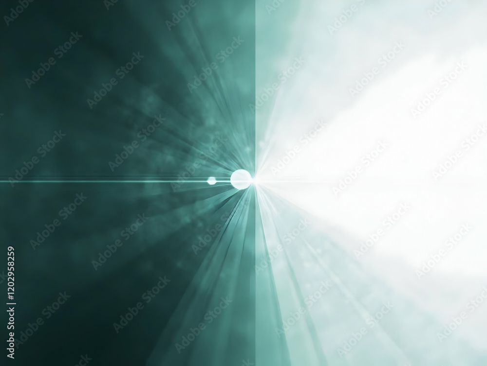 Poster abstract background creates a teal and white gradient with light rays and soft bokeh effect