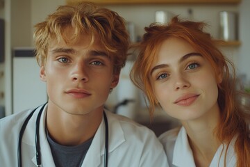 A young male and female in lab coats, smiling in a medical or educational environment.