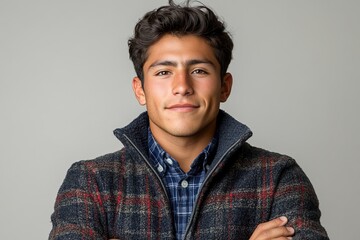 Fototapeta premium A young man poses confidently with arms crossed, wearing a stylish jacket and plaid shirt.