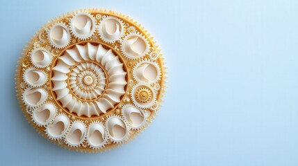 Complexity geometry and detailed, A beautifully arranged spiral of seashells intricately designed, showcasing natural patterns and textures against a soft blue background.