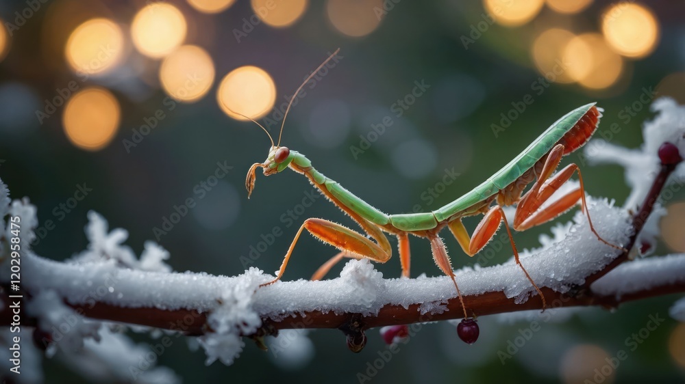 Poster a green praying mantis perched on a snowy branch with soft bokeh lights in the background.