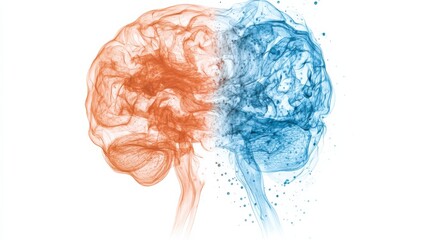 Abstract representation of two human brains in orange and blue colors, symbolizing creativity and logic