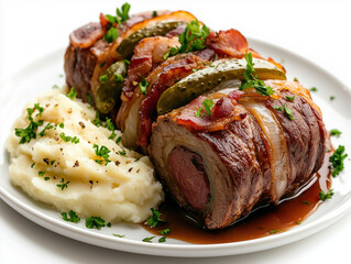 Beef Roulades with Bacon and Onions Served with Mashed Potatoes