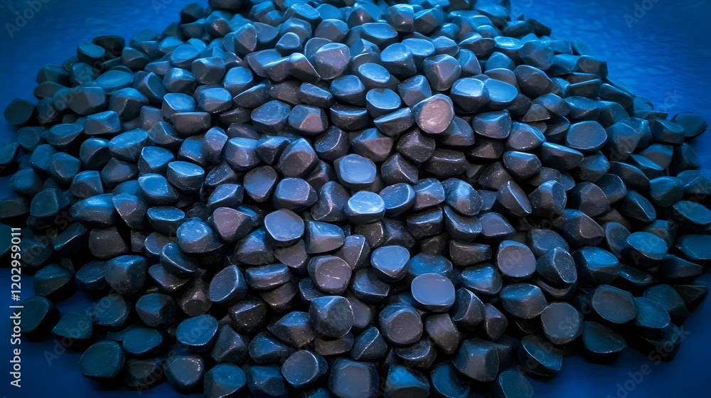 Poster pile of dark gray irregular shaped objects forms a mound on a blue surface, creating an abstract sti