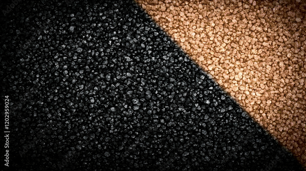 Poster black and brown granular material forms a diagonal divide in a close-up view
