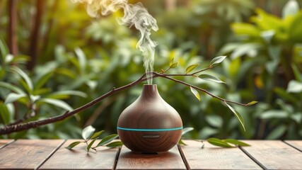 Aromatherapy diffuser on wooden table with a beautiful branch and leaves extending from it, surrounded by lush greenery, essential oils, fragrance, blooming branch