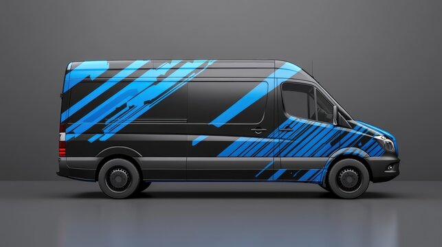 Black van, blue stripes, studio, design mockup