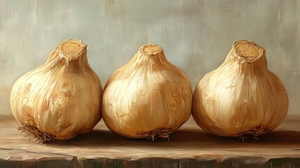 Obraz premium Three golden onions arranged on a rustic wooden surface, showcasing their natural texture and color