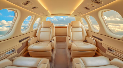Luxury Private Jet Interior Shows Comfortable Seats, Wide Windows, and Bright Cabin with a View of Clouds
