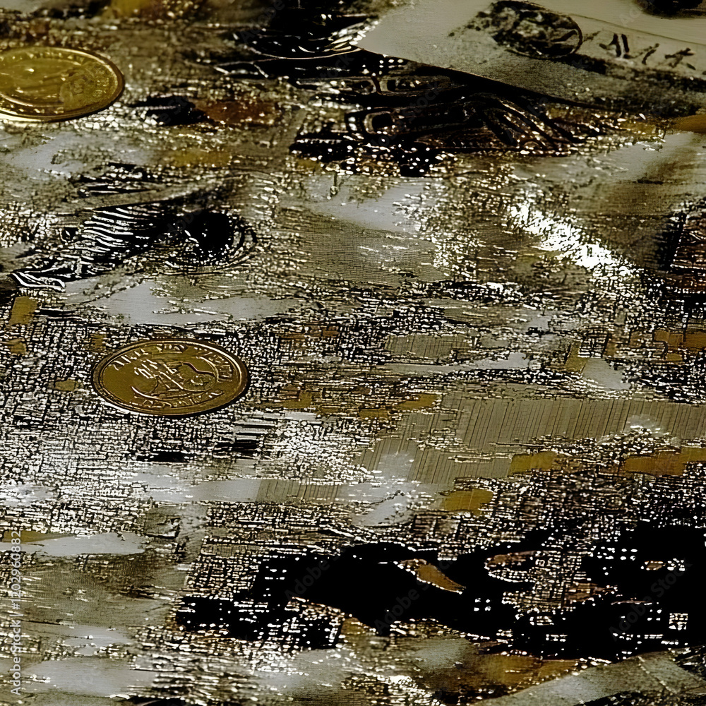 Poster abstract background with gold coins and textured surface creates intriguing visual