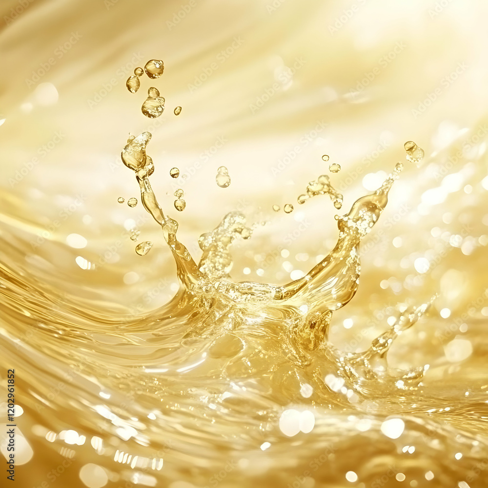 Poster golden liquid splashing and creating ripples with bubbles on a light background