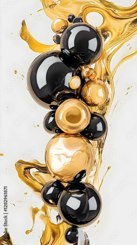 Poster Black and Gold Spheres Float and Interact Dynamically with a Metallic Flow, Creating an Abstract Composition.