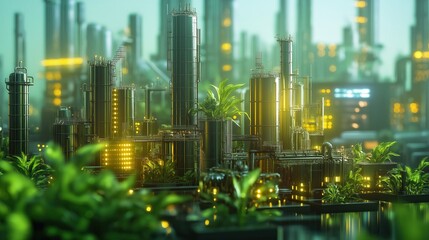 Futuristic industrial complex with green plants integrated into its design, combining technology and sustainability, showcasing eco-friendly urban innovation.