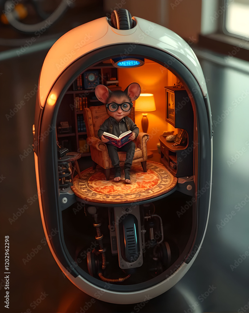 Aufkleber 3d rendering of a little mouse reading a book in a small room