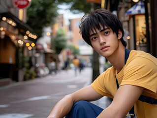 Young Man Sits on a Busy City Street, Looking Thoughtfully into the Distance, Fashion Style