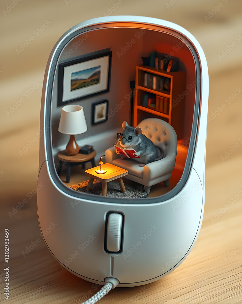Aufkleber cat sitting in a computer mouse. 3d rendering. computer digital drawing.