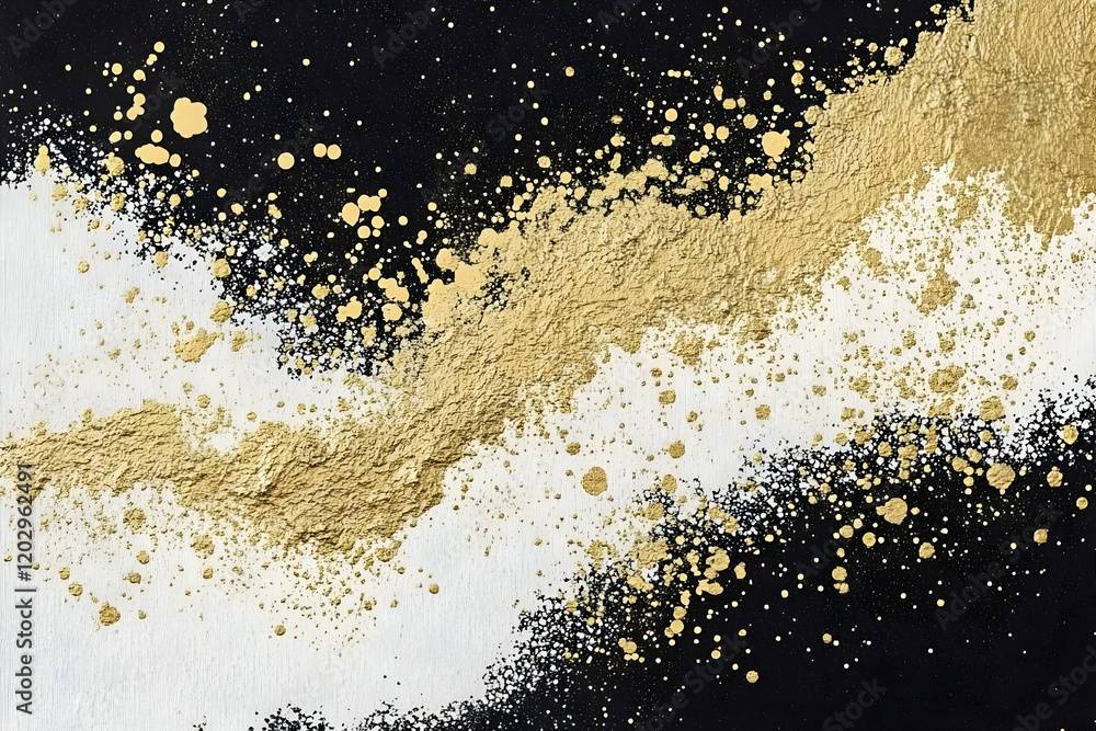 Poster abstract background with gold, white, and black splashes and textures creates dynamic visual interes