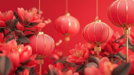 Elegant red lanterns with gold accents surrounded by blooming flowers, set against a vibrant red background, symbolizing the festive and cultural spirit of Chinese New Year.
